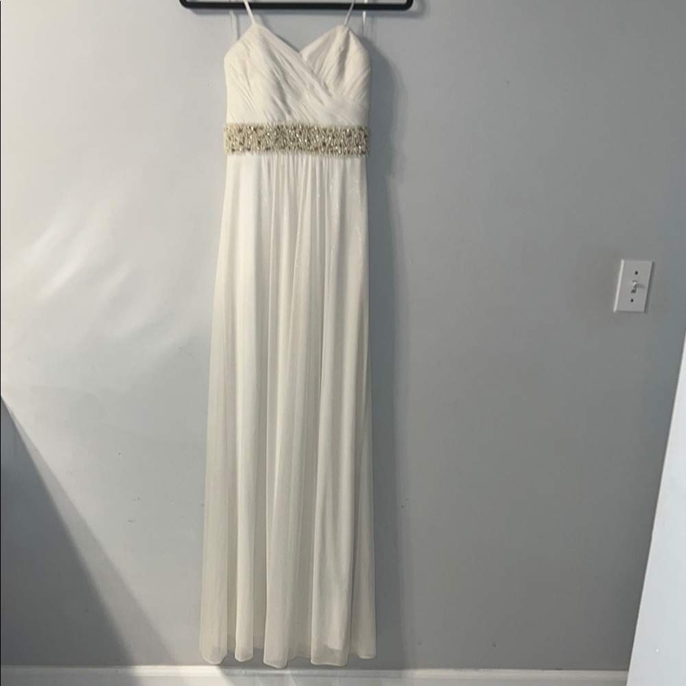 Cache White Embellished Ruched Gown with Spaghetti Straps